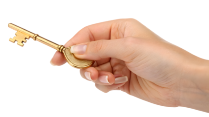 hand holding golden key isolated on white