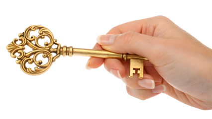 hand holding golden key isolated on white