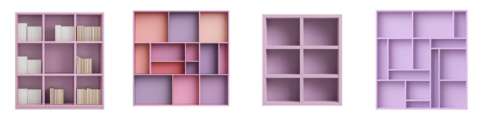 Visually striking geometric bookshelf or storage unit in a vibrant pastel color palette featuring a symmetrical organized arrangement of compartments and shelves  This modern