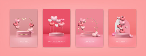 Background heart pink 3D. White podium, balloon product presentation platform, gradient red mockup. Wall stand abstract love holiday valentines day. Vector minimal room rendering posters collection