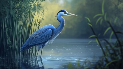 Fototapeta premium Great Blue Heron Standing Serene in Calm Water Surrounded by Reeds