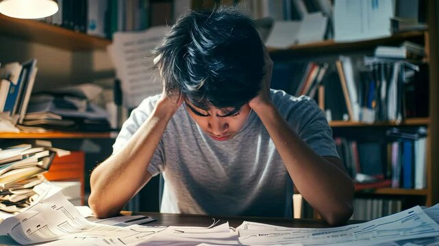 Struggling with stress during late-night study session at home