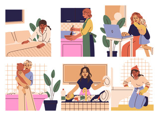 Woman cleaning house. Home cleanup. Housewife works. Mother cleans kitchen dishes or household toilet plumbing. Laundry washing. Tired from chores. Housework activities. Vector housekeeping scenes set