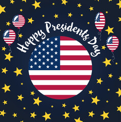 Presidents day round sticker banner with American flag with balloons and stars