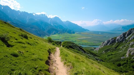Naklejka premium A serene hiking trail winding through lush green hills, with majestic mountains in the background under a clear blue sky.