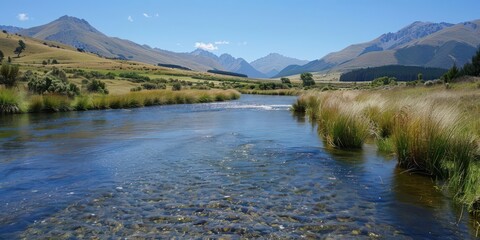 Fototapeta premium A serene river flows through a mountainous landscape under a clear blue sky.