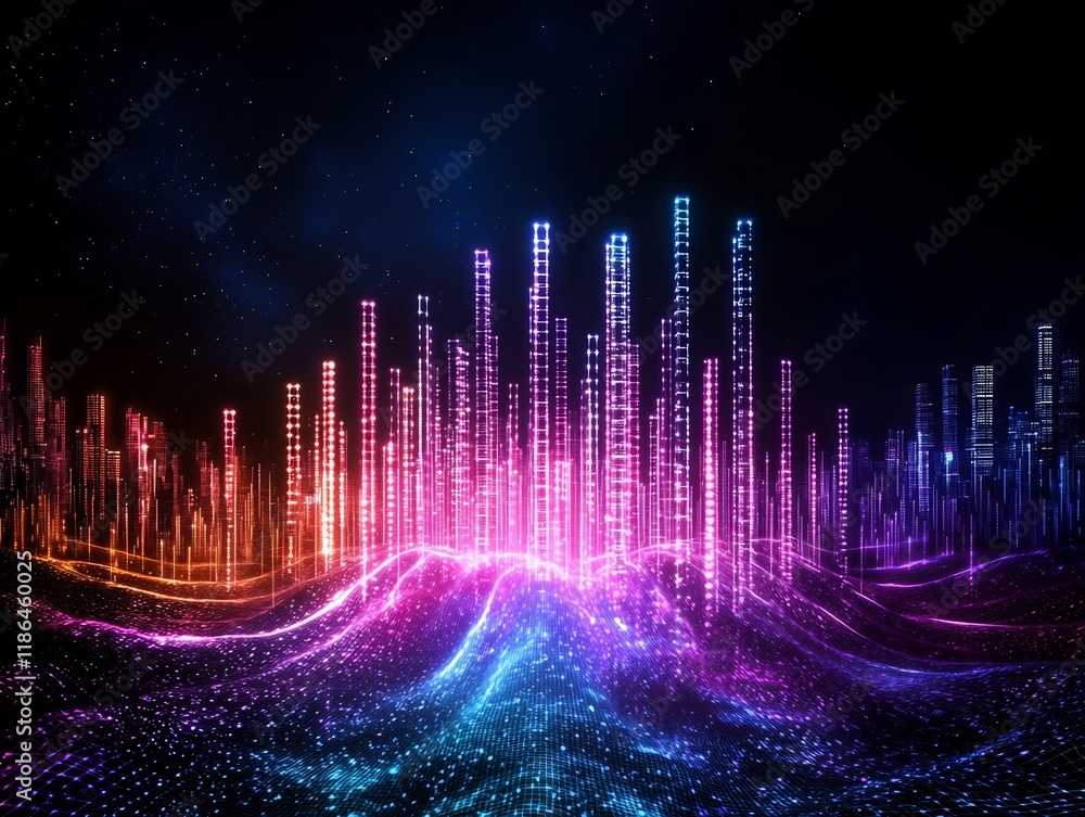 Poster mesmerizing chromatic digital metropolis featuring undulating waves of luminescent energy prismatic 