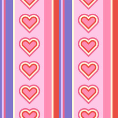 Striped seamless pattern with multi-outlined hearts in pink and purple background. Vector pattern with vertical stripes. Retro-inspired design for love-themed projects, packaging, scrapbooking, etc.