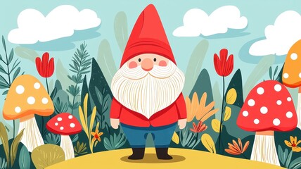 Fototapeta premium Charming Garden Gnome in Vibrant Floral Setting with Mushrooms
