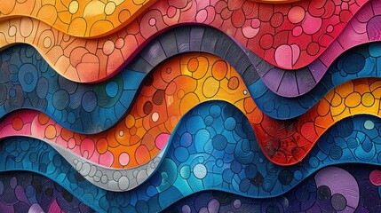 A high-definition close-up of colorful wall art with intricate brushwork and patterns, set against a smooth, simple background