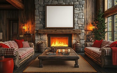 Cozy cabin living room with fireplace, winter scene, mockup poster