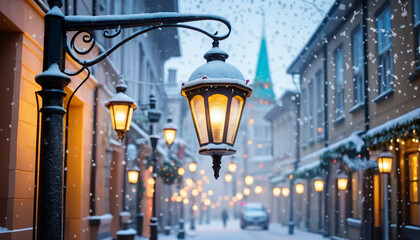 Enchanting Street Lamp with Festive Decorations Glowing Amid Falling Snowflakes and Magical Winter Bokeh