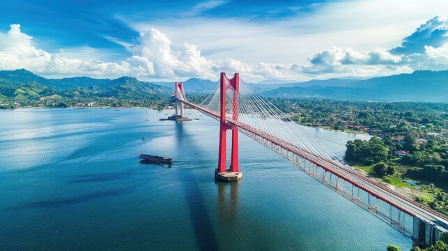 Ambon, Indonesia. Scenic Aerial View of Iconic Merah Putih Cable Stayed Bridge accross Ambon Bay, Maluku