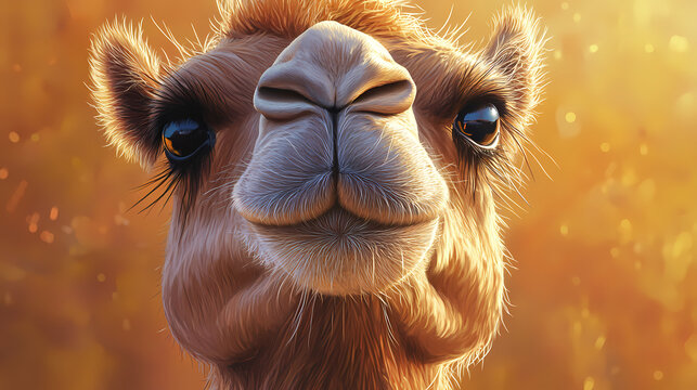 Close-up of a camel's curious face, showcasing its distinctive toe pads and wispy eyelashes, set against a warm,. Shimmerfall. Illustration