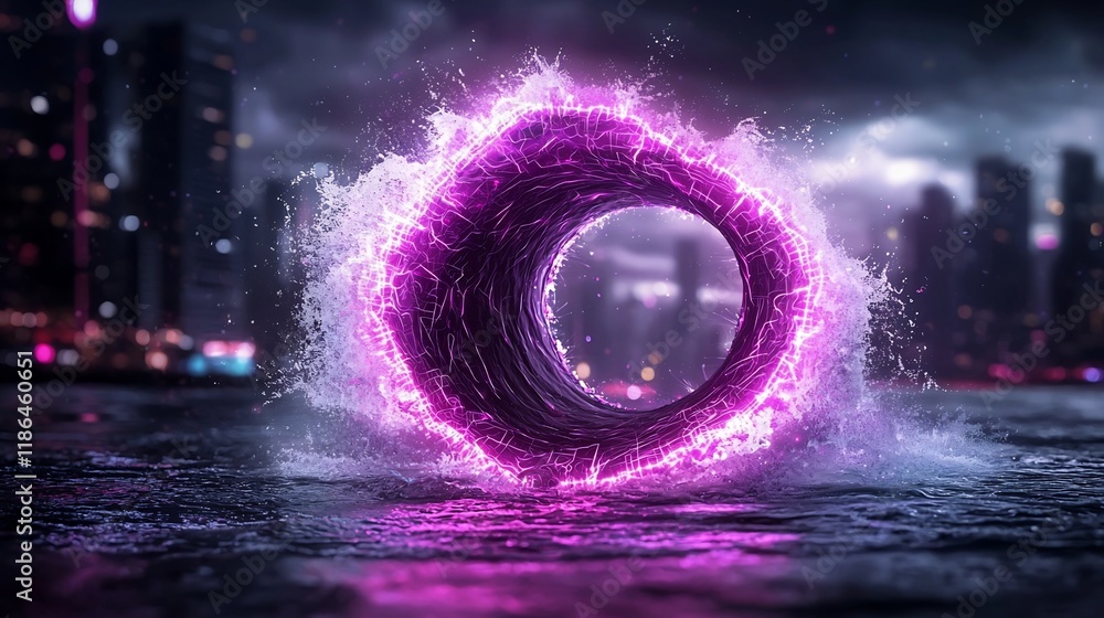 Poster captivating quantum fluctuations swirling in a neon lit futuristic cityscape vibrant ethereal waves 