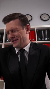 Businessman insulting you. He sad that You nothing. nothingness. nonentity. nullity. prick. schmuck. POV Wide tripod footage UHD 4k. Vertical Shot.