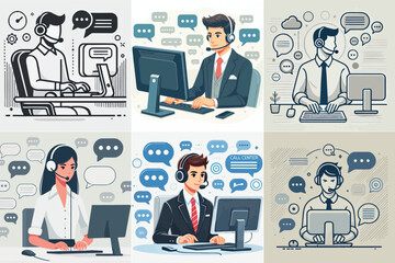 All central agents wear headsets, type on computers, and are surrounded by speech bubbles. with a flat and minimalist design