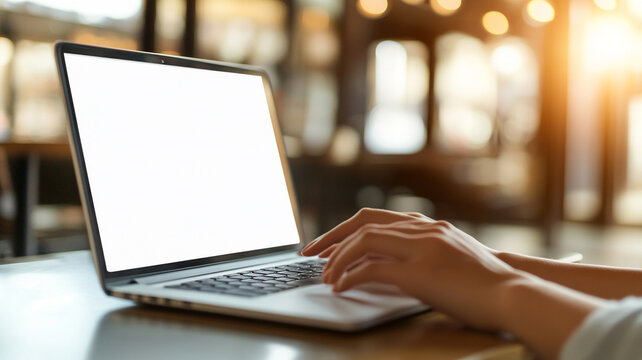Woman's hands typing on a laptop with a blank white screen at a coffee shop table