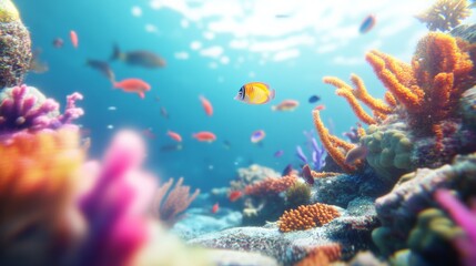 Fototapeta premium Sunlight streaming through clear blue water, illuminating a vibrant coral reef bustling with diverse marine life, creating a mesmerizing underwater seascape rich in color and tranquility