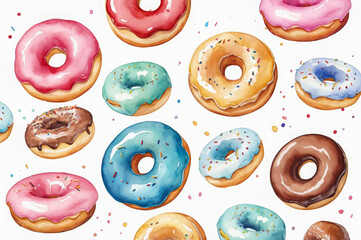 Watercolor pattern of multi-colored donuts with sprinkles on a white background