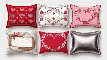 Romantic Valentine s Day Decorative Pillows Red Pink Floral Heart Designs Set of Six