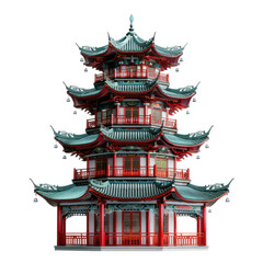 Obraz premium Traditional Chinese Pagoda with Red and Green Details on a Clean White transparent background in Photorealistic Style