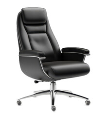 Black leather office chair, large and tall executive seat with armrests for work or home use isolated on transparent png or white background