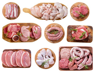 set of various fresh meat and chicken on wooden boards isolated on transparent background, top view