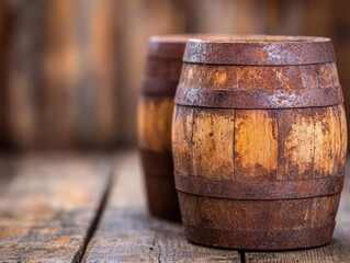 Naklejka premium Two rustic wooden barrels on a wooden table, close-up view.