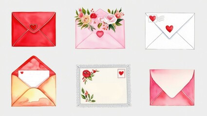 Watercolor Romantic Envelopes Collection Pink Red Floral Hearts Lace Design Valentine s Day