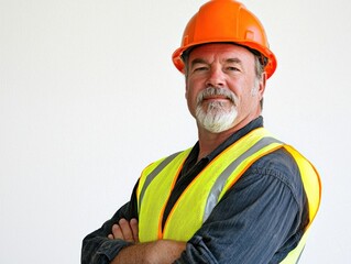 Construction Foreman - Construction foreman in a hard hat and reflective vest, overseeing construction work on-site, on a White Background.