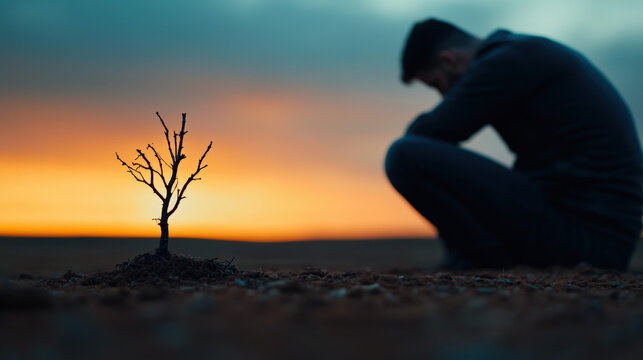 Homme accroupi pr&egrave;s d'un arbre mort au coucher du soleil