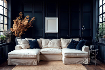 Mockup Empty Frame in Elegant Black Accent Living Room with Stylish Decor