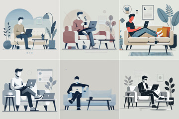 A freelancer sits on a sofa with a laptop and a cup of coffee. with flat and minimalist design stayle