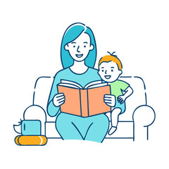 mom reading a book vector icon, mother’s day vector illustration - simple illustration of mom reading a book perfect for logos, and mother’s day -themed designs.