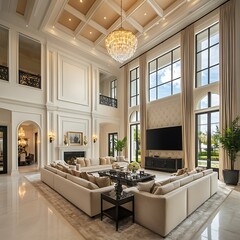 Spacious minimalist living room with abundant natural light and oversized windows photos