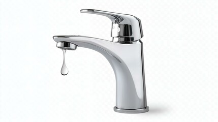 Chrome faucet with a dripping water droplet isolated on a white background