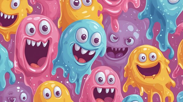Playful seamless pattern of colorful cartoon slime monsters with exaggerated expressions
