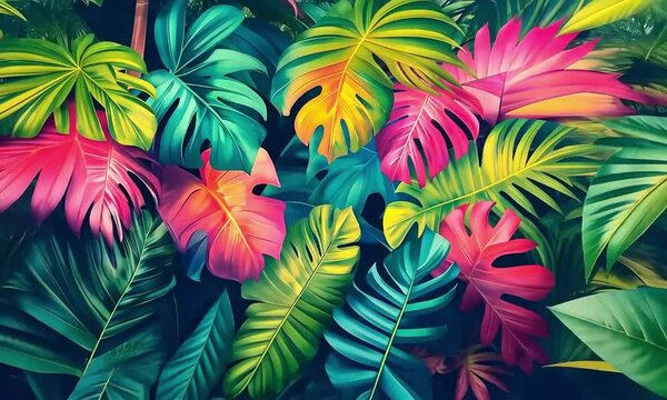Floral background of colorful tropical leaves close up. Rainbow foliage texture. Flat lay, illustration, wallpaper, banner, design for fabric. Tropical nature concept