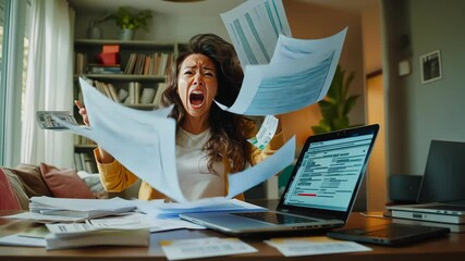 Frustrated woman overwhelmed by paperwork and technology in cozy home workspace during busy day - Powered by Adobe