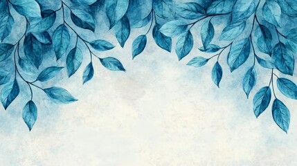 Blue Watercolor Leaves Border, Nature Background