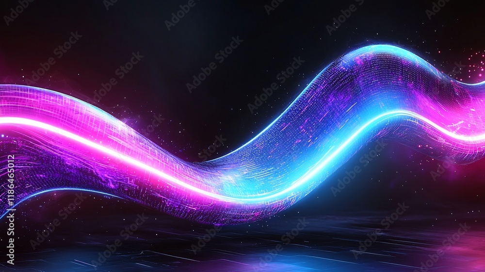 Poster captivating futuristic digital landscape with vibrant glitching neon waves of light creating a mesme