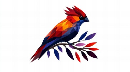 Fototapeta premium Vibrant polygonal bird perched on a branch. Geometric art. Colorful avian illustration.