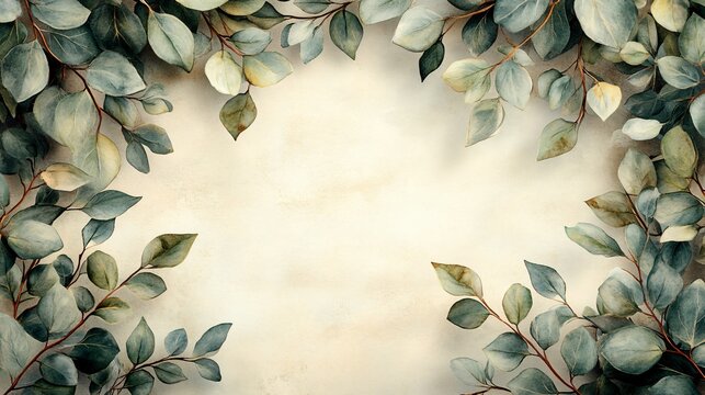 Elegant Eucalyptus Leaves Frame, Watercolor Texture