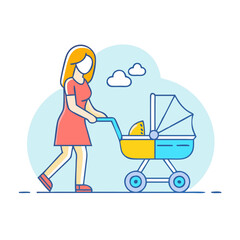 mother with stroller vector icon, mother’s day vector illustration - simple illustration of mother with stroller perfect for logos, and mother’s day -themed designs.