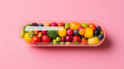 Creative pill shaped container filled with colorful fresh fruits on a pink background