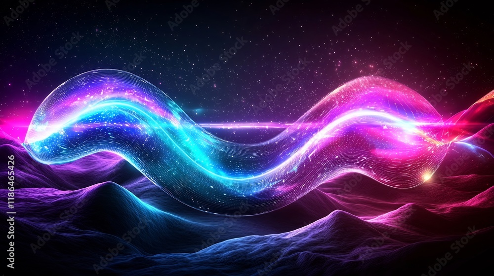 Poster mesmerizing chromatic light cascade with undulating quantum phenomena and ethereal digital energy wa