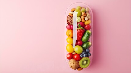 Creative pill shaped container filled with colorful fruits and nuts on a pink background