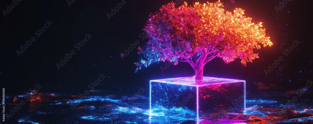 Poster neon tree in a glowing cube, showcasing vibrant colors against a dark backdrop, creating a futuristi