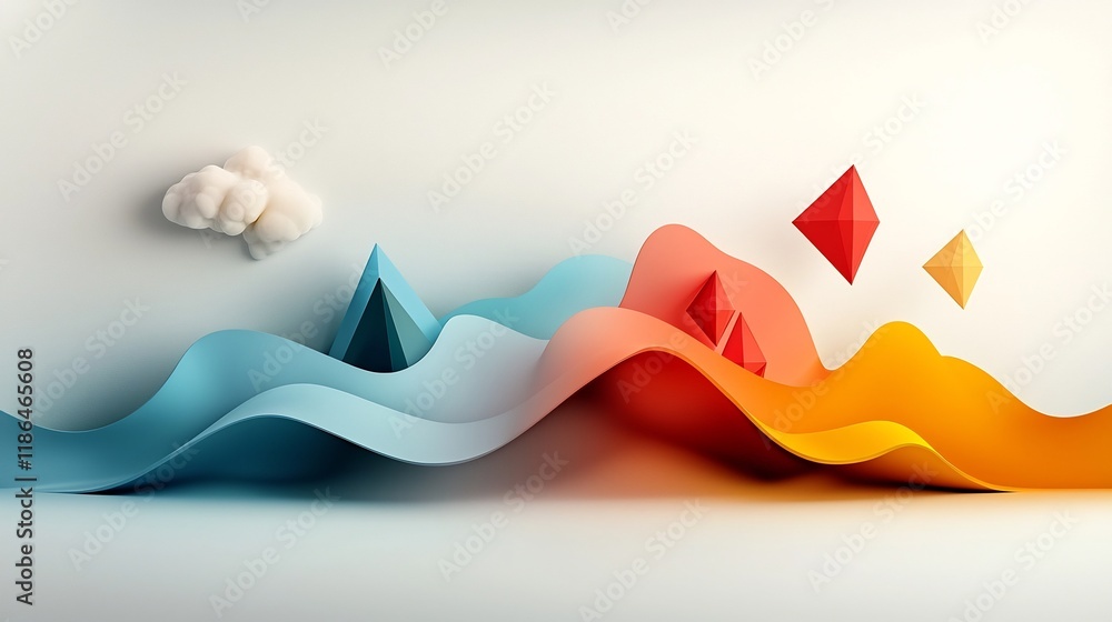 Poster mesmerizing abstract landscape featuring undulating iridescent geometric forms shimmering prismatic 